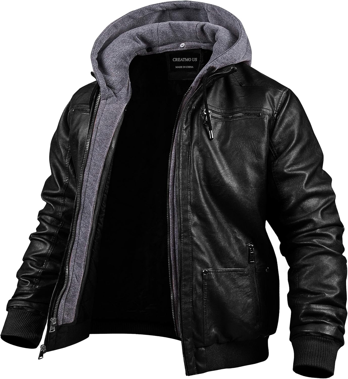 Men's Faux Leather Motorcycle Jacket with Removable Hood