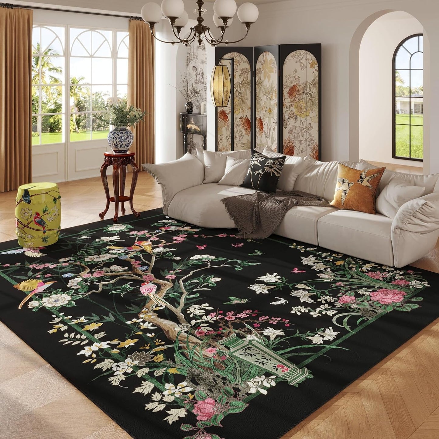 5x7 Area Rugs Chinoiserie-Style Floral Vintage Washable Rug