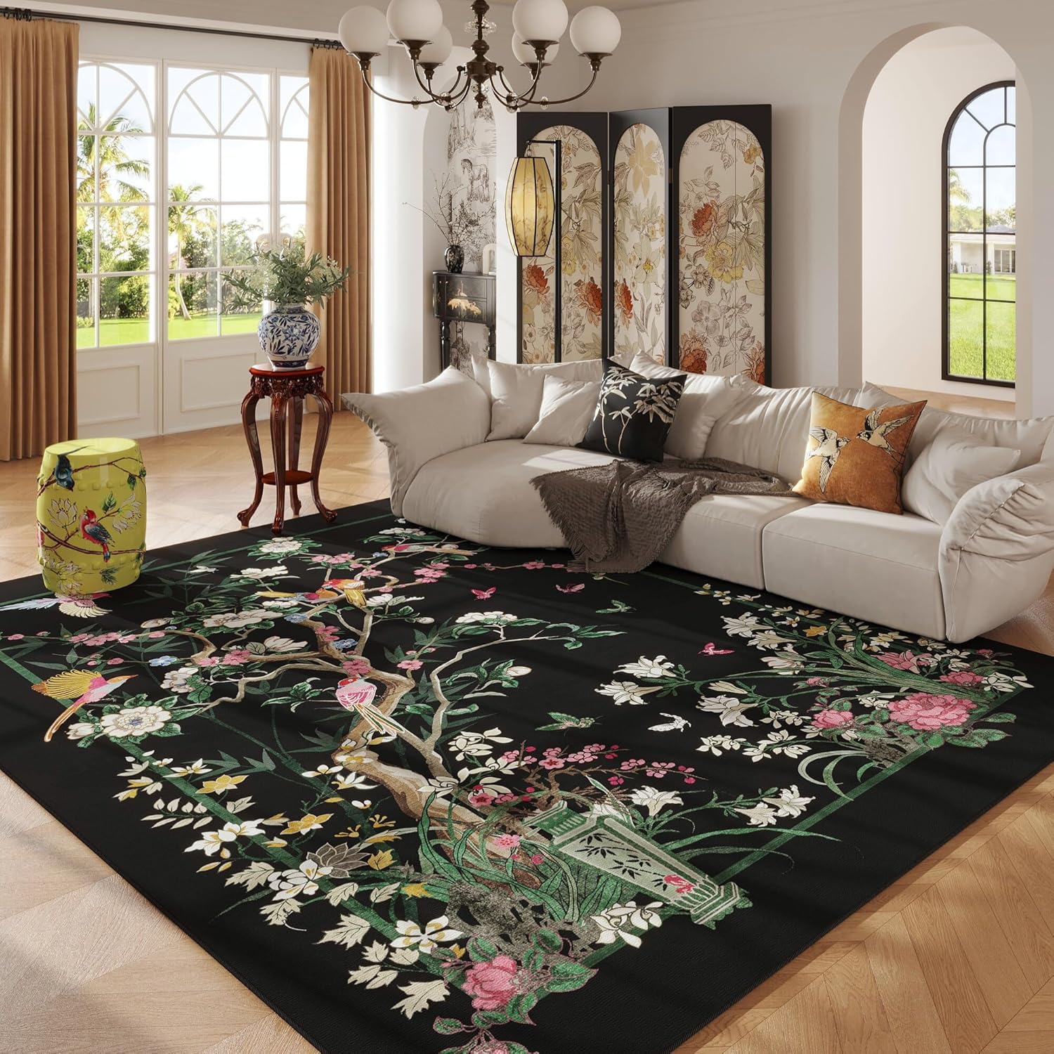 5x7 Area Rugs Chinoiserie-Style Floral Vintage Washable Rug