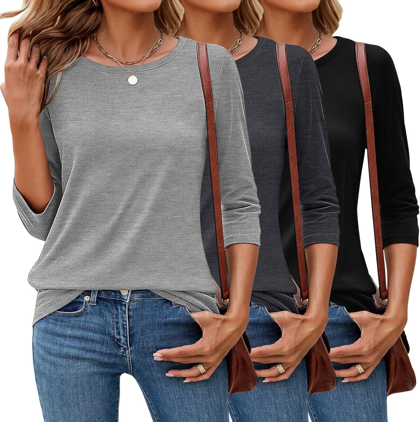3 Pack 3/4 Sleeve Tops for Women - Dressy Basics Tees
