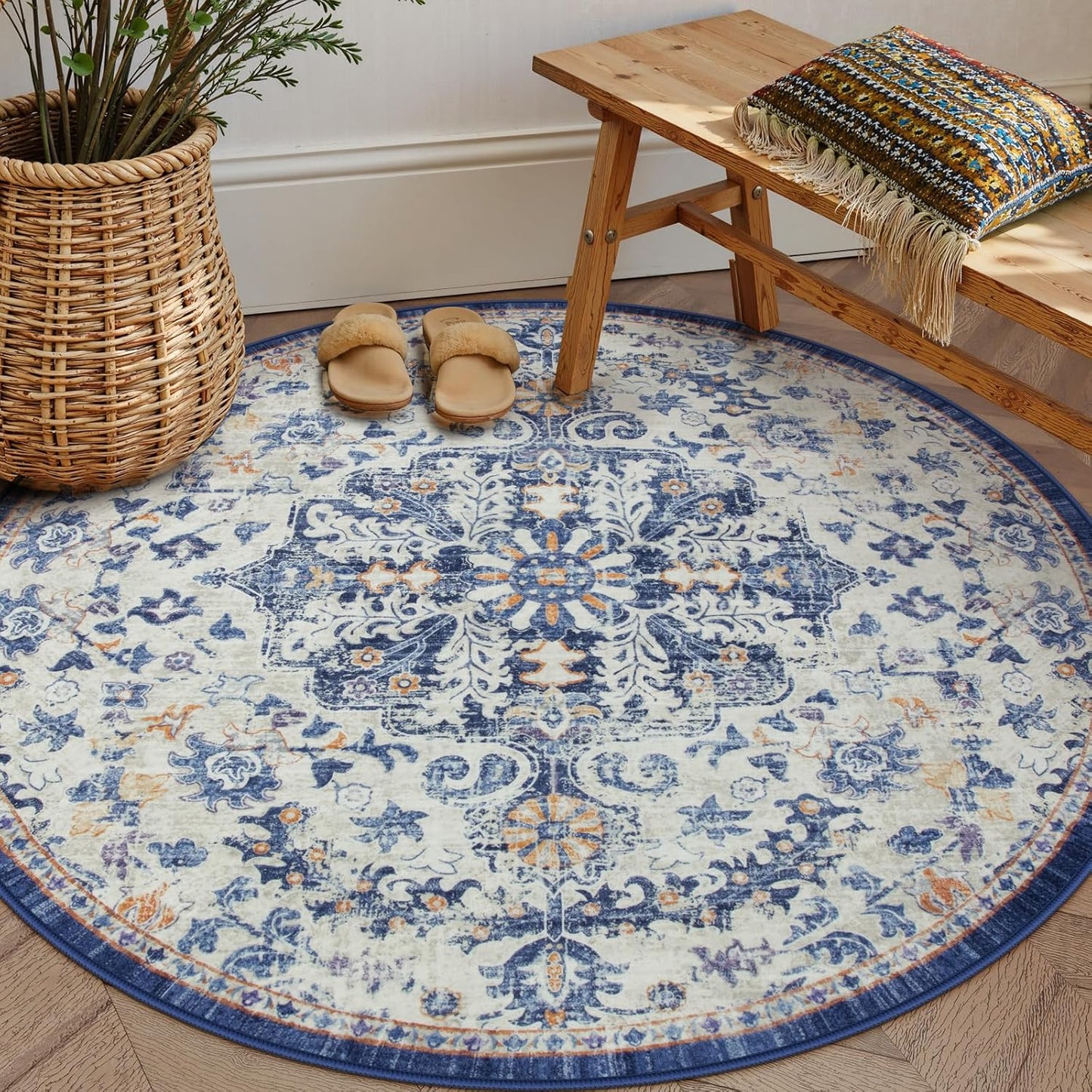 Lahome Round Rug 5ft 3inFt - Soft Bohemian Non-Slip Area Rug
