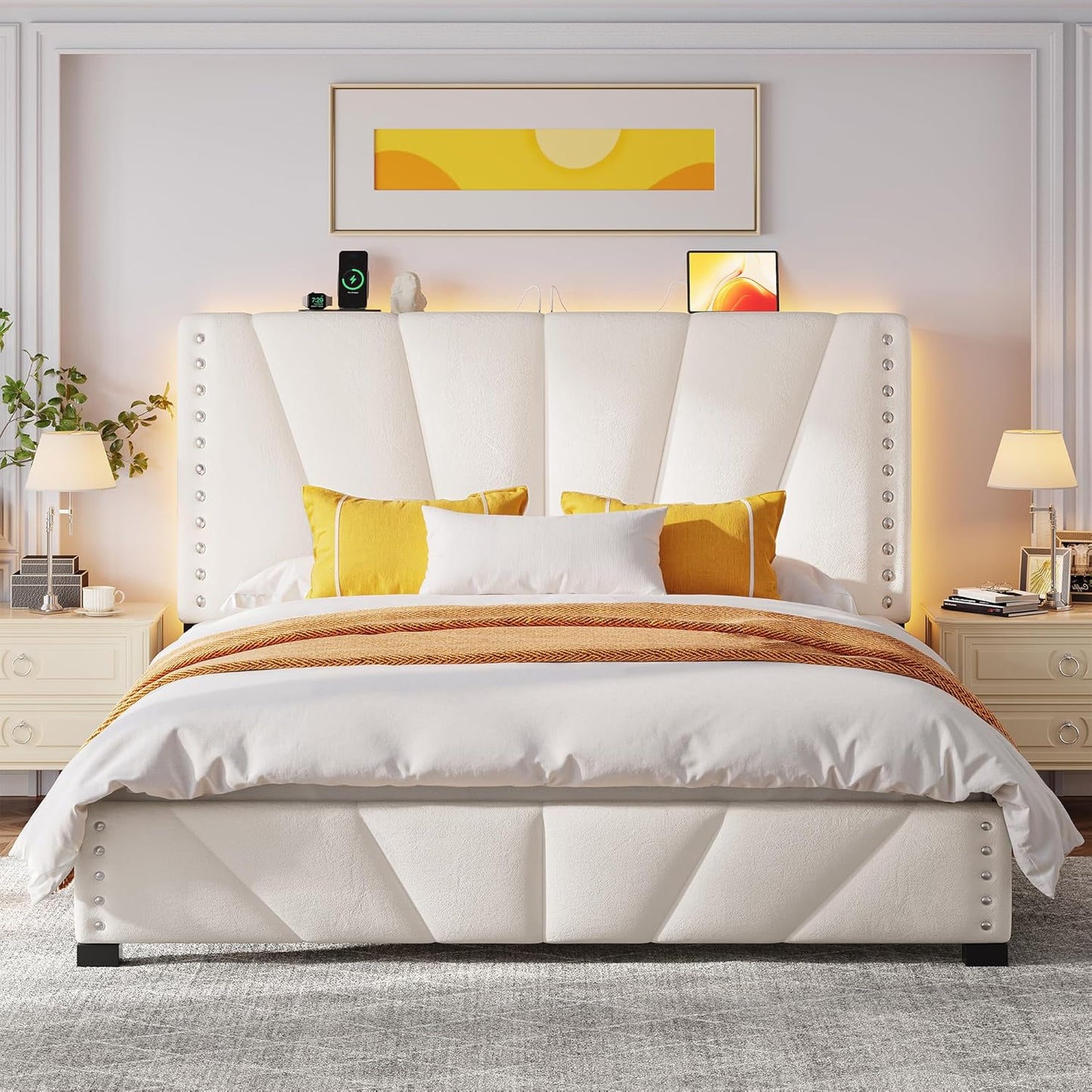 EnHomee Queen Bed Frame with Velvet Headboard and LED Light