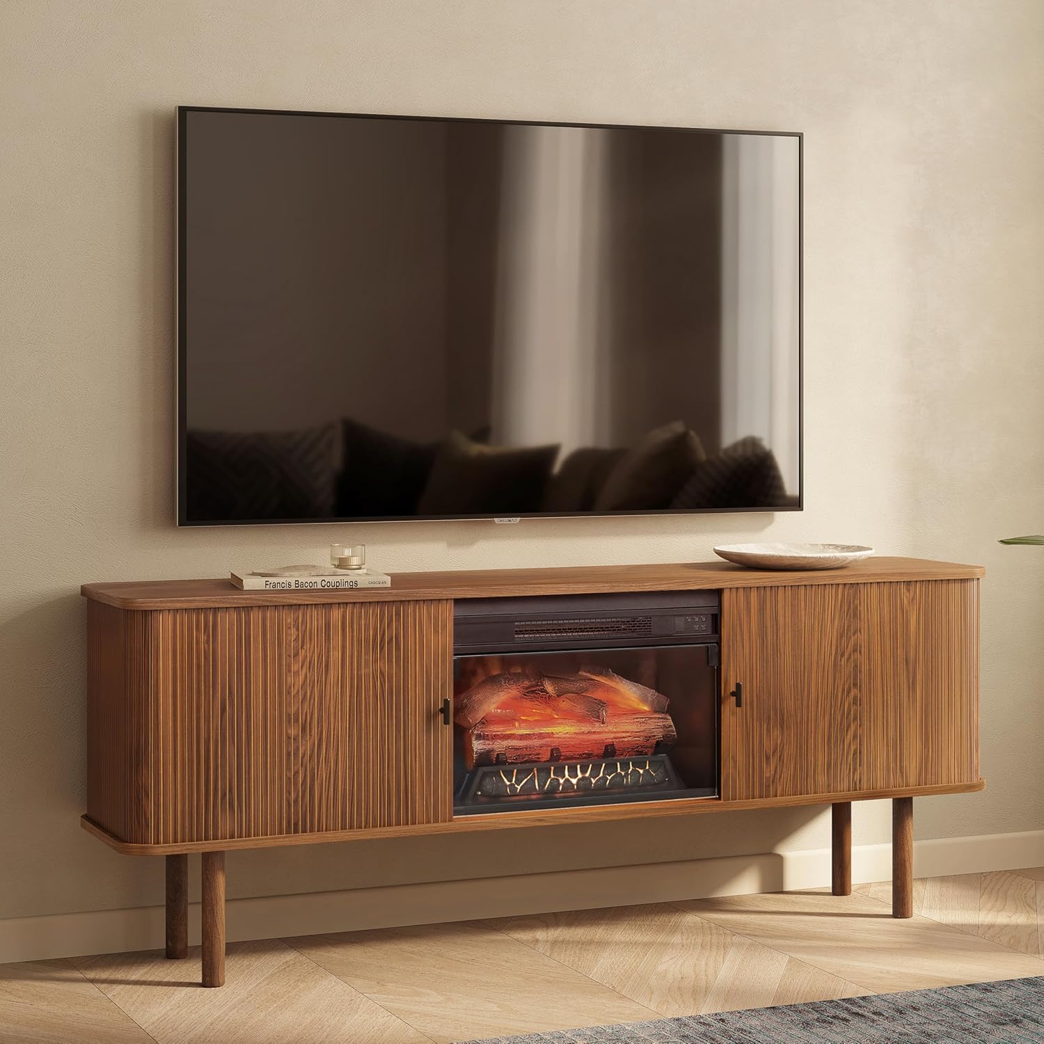 71'' Electric Fireplace TV Stand: Heater, Storage, Shelves | 65-75'' Screens | Entertainment Center