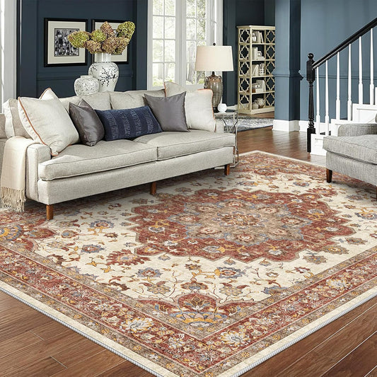 Washable Oriental Area Rug - 8x10 Soft Carpet for Living Room