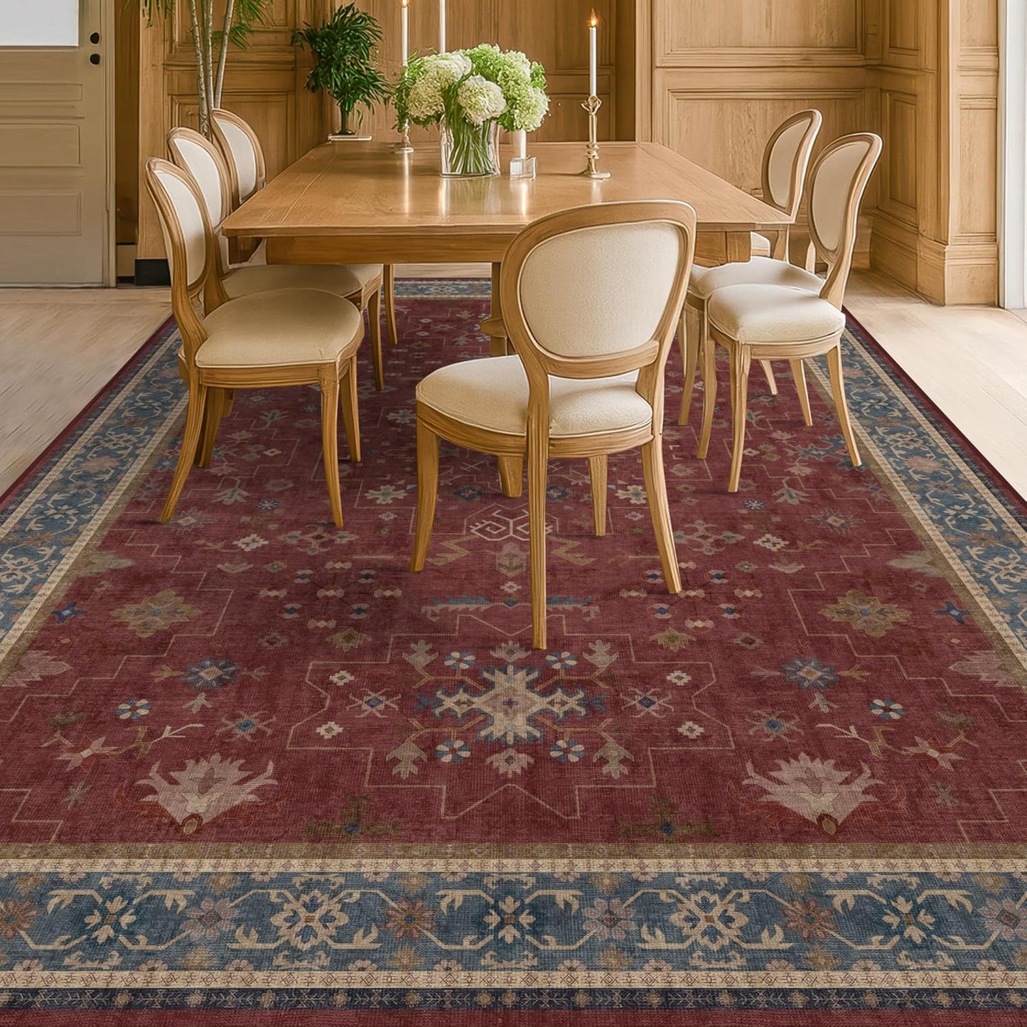 7x9 Vintage Burgundy Boho Dining Room Rug for Stylish Homes
