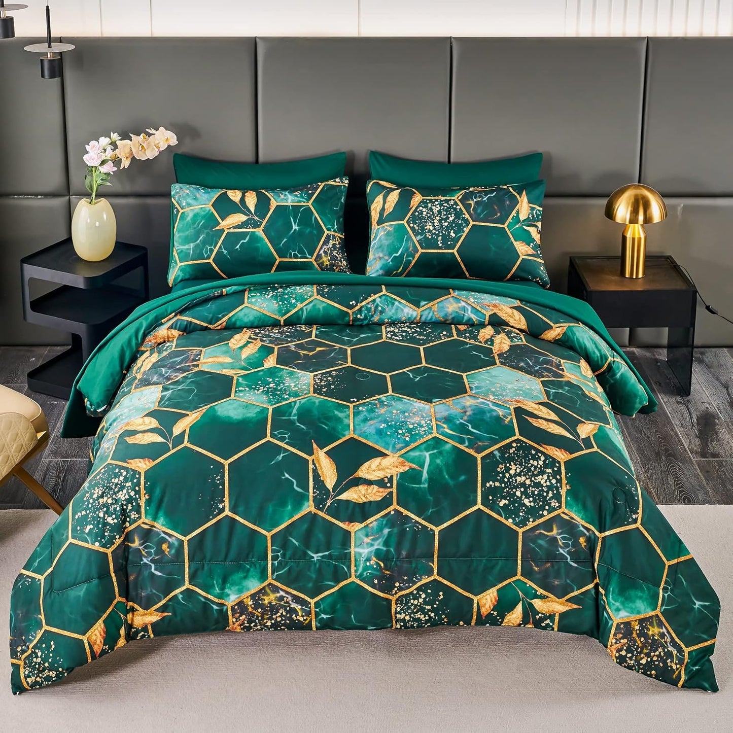 Emerald Green Printed Marble Comforter Set Queen for Luxury Bedding