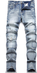 XIMXIMMTIAN Men's Biker Washed Distressed Slim Straight Jeans Clothing