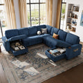 Blue Corduroy Sectional Sleeper Sofa Bed - Convertible Modular Chaise