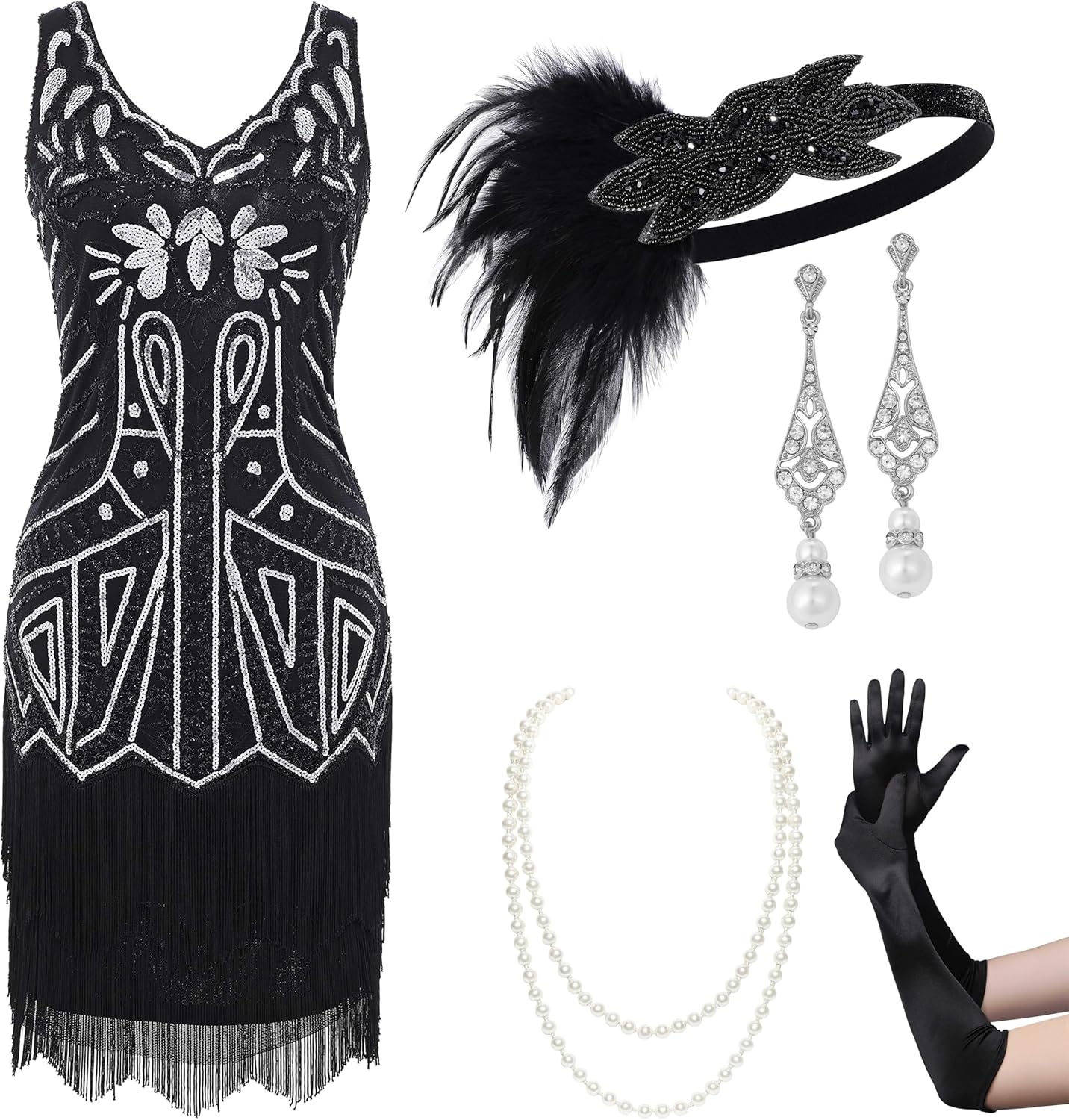Flapper Dresses Set for Women - 1920s V Neck Beaded Elegance