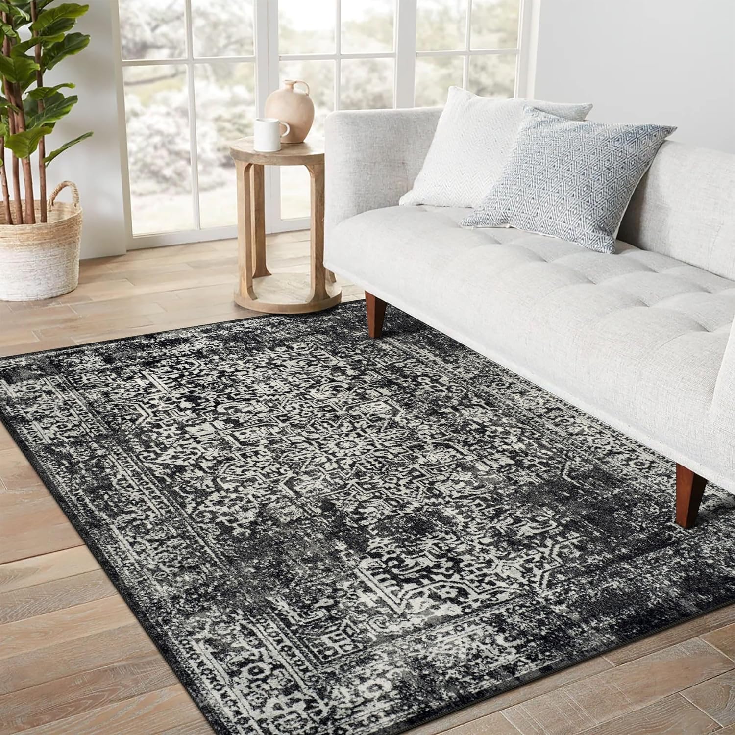 Vintage-Inspired Black and White Area Rug for Living Room Use