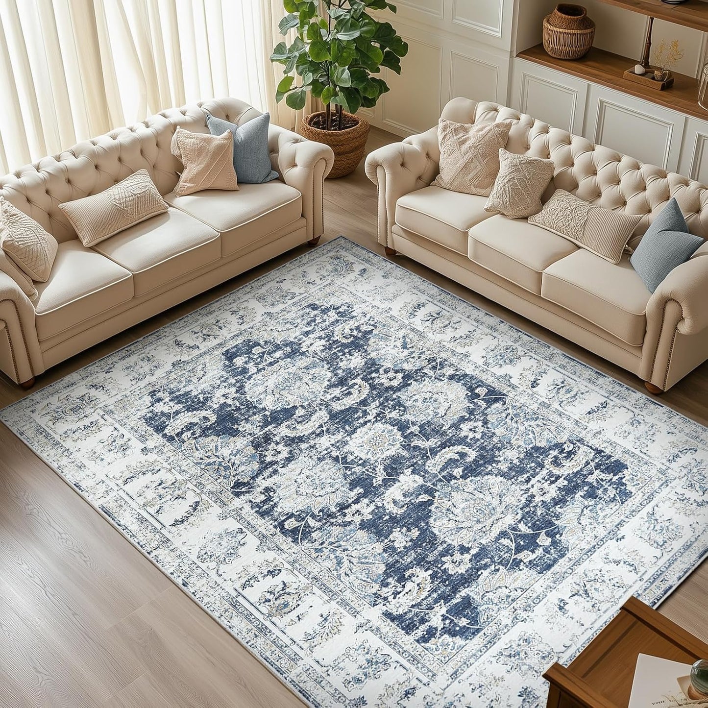 Vintage Floral Area Rug for Living Room - Machine Washable Design