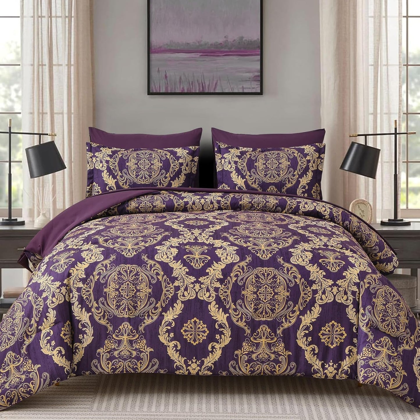 Purple Damask Comforter Set Queen Size - 7 Pieces Bedding Set