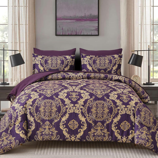 Purple Damask Comforter Set Queen Size - 7 Pieces Bedding Set