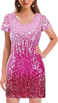 MANER Women's Sequin Glitter Short Sleeve Dress - Sexy V Neck Mini