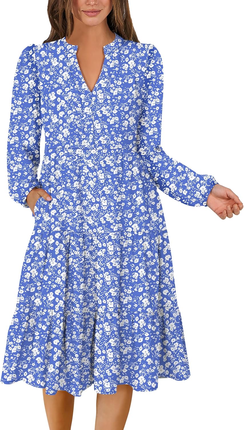ANRABESS Long Sleeve Midi Dresses for Women V Neck Casual Style