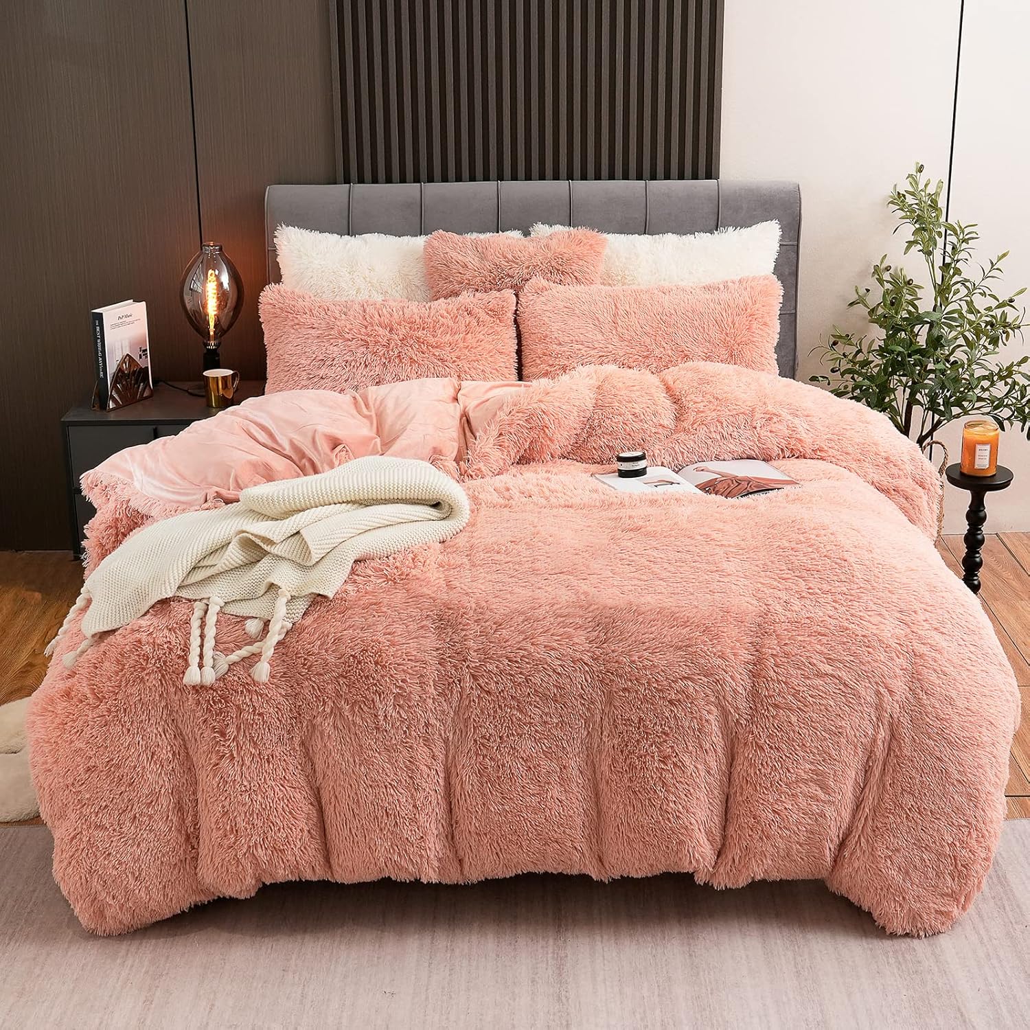 Fluffy Plush Pink Duvet Cover Set for Queen Size Beds