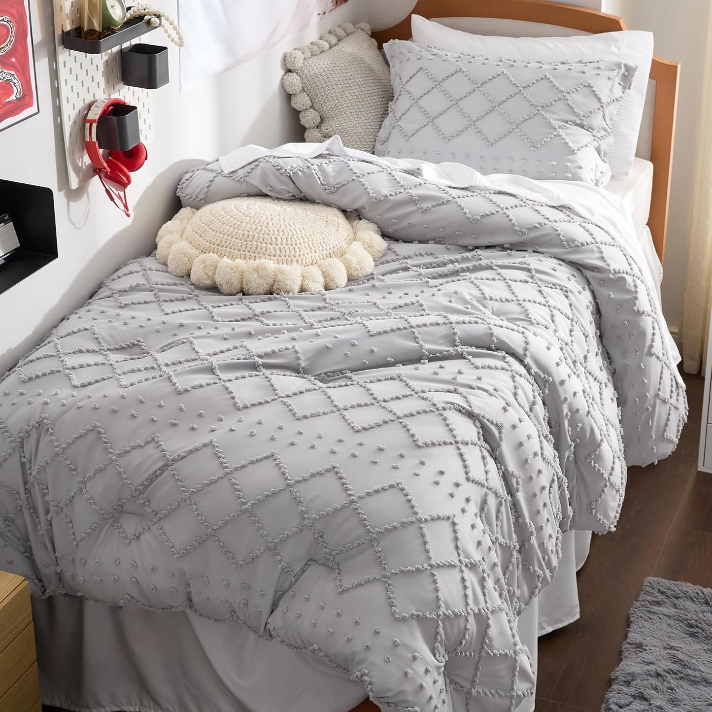 Bedsure Twin Comforter Set - Light Grey Boho Bedding for Kids