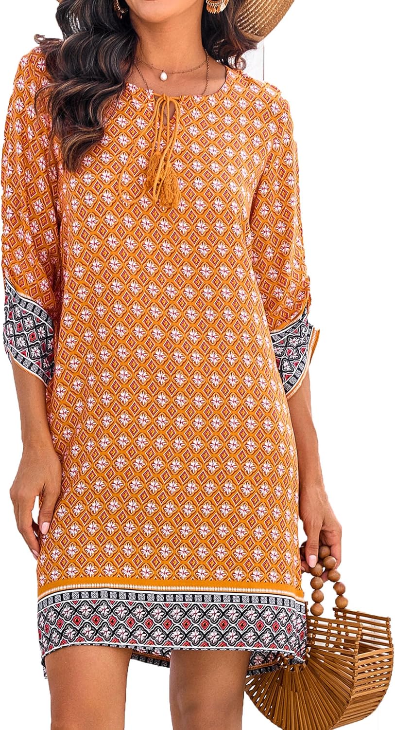 Boho Tassel Tie Neck Floral Print Summer Dress for Women