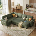 Green Corduroy Sectional Sleeper Sofa Bed - Modular Pull-Out Couch