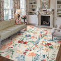 Beige Area Rug 8x10 Floral Washable Low Pile - Soft, Non-Slip