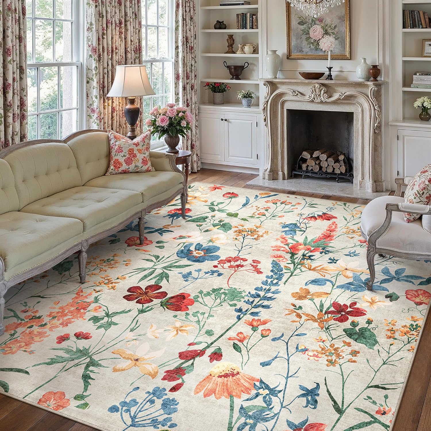 Beige Area Rug 8x10 Floral Washable Soft Throw Rug for Home