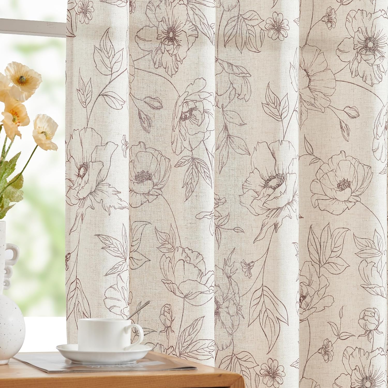 Floral Linen Curtains for Living Room 96 Inch Length Brown Flower