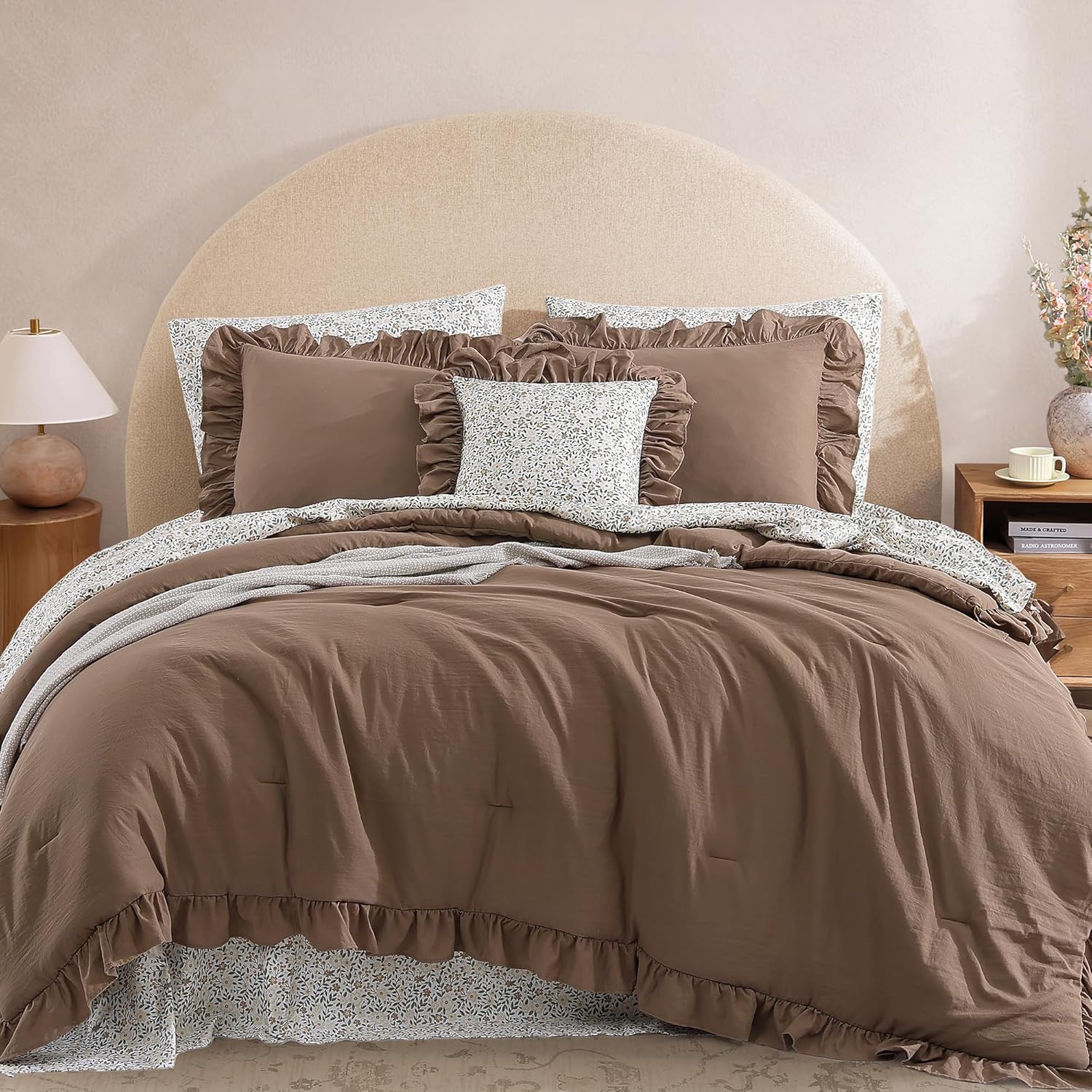Full Comforter Set - 7 Pieces Ruffle Amber Brown Bedding