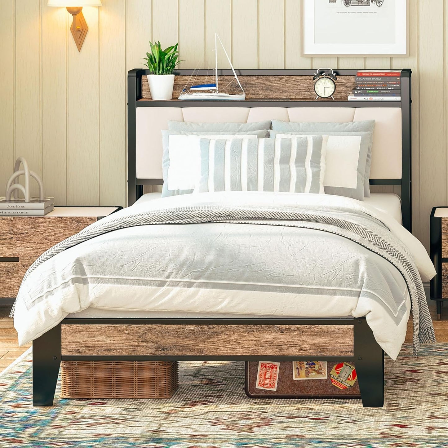 LIKIMIO Twin Bed Frame with Storage Headboard and Charging Station
