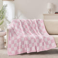 Checkered Throw Blanket Pink Soft Cozy Fluffy Knitted Throw - 60x80