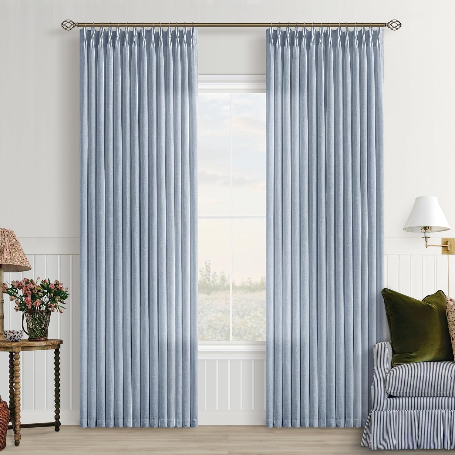 Dusty Blue Linen Pinch Pleat Curtains for Elegant Living Spaces