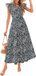 Floral Midi Dress for Women - Cap Sleeve V Neck Flowy Boho