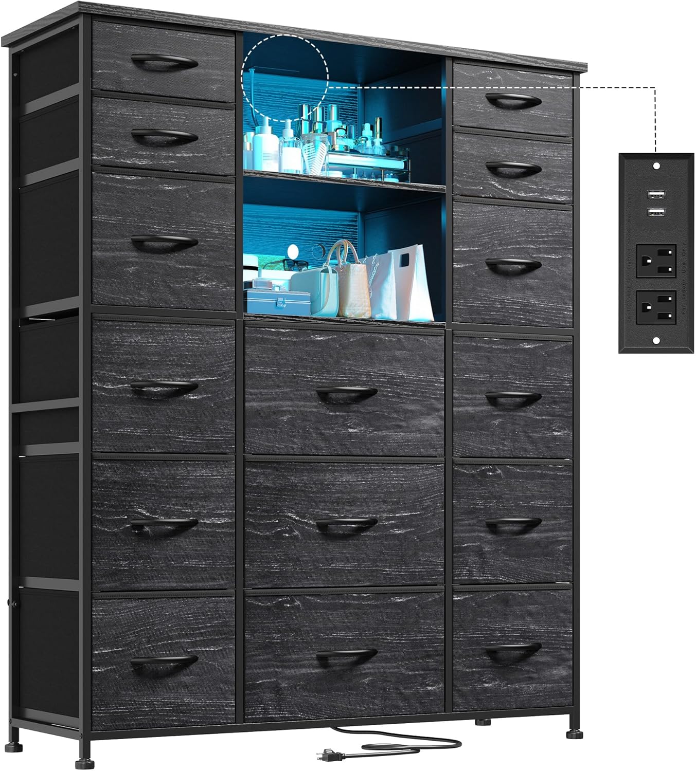 51 H Dresser with 15 Drawers and Charging Station for Bedroom