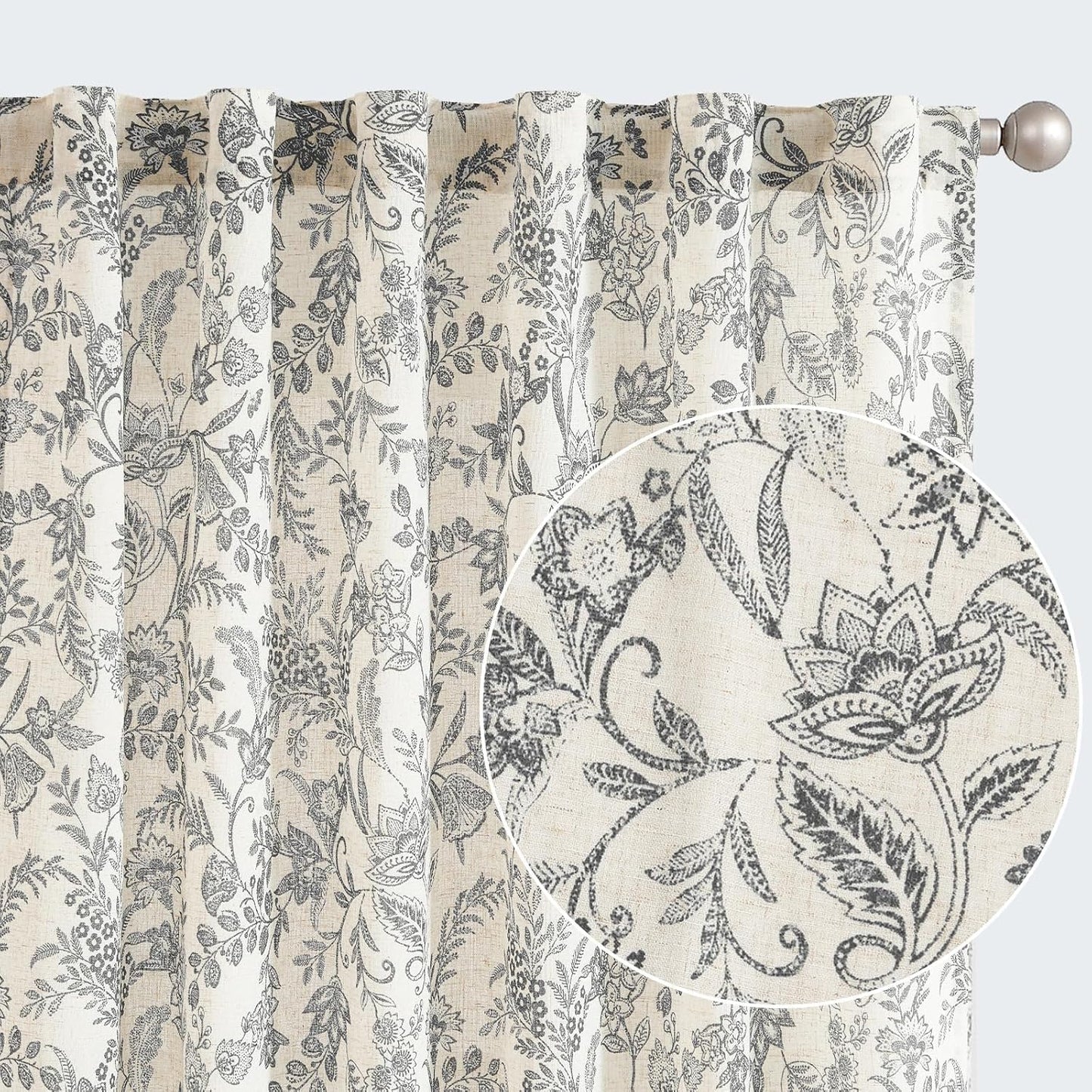 Floral Linen Blend Curtains for Living Room - 96 Inch Panels
