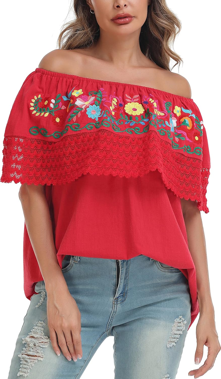 YZXDORWJ Women Mexican Embroidered Off-Shoulder Shirt Top