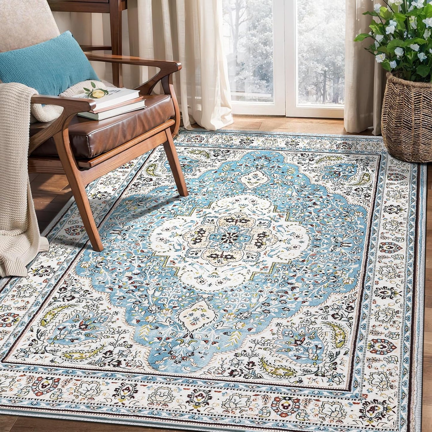 Ciicool Boho Area Rug 3x5 Blue Washable Soft Non-Slip Carpet