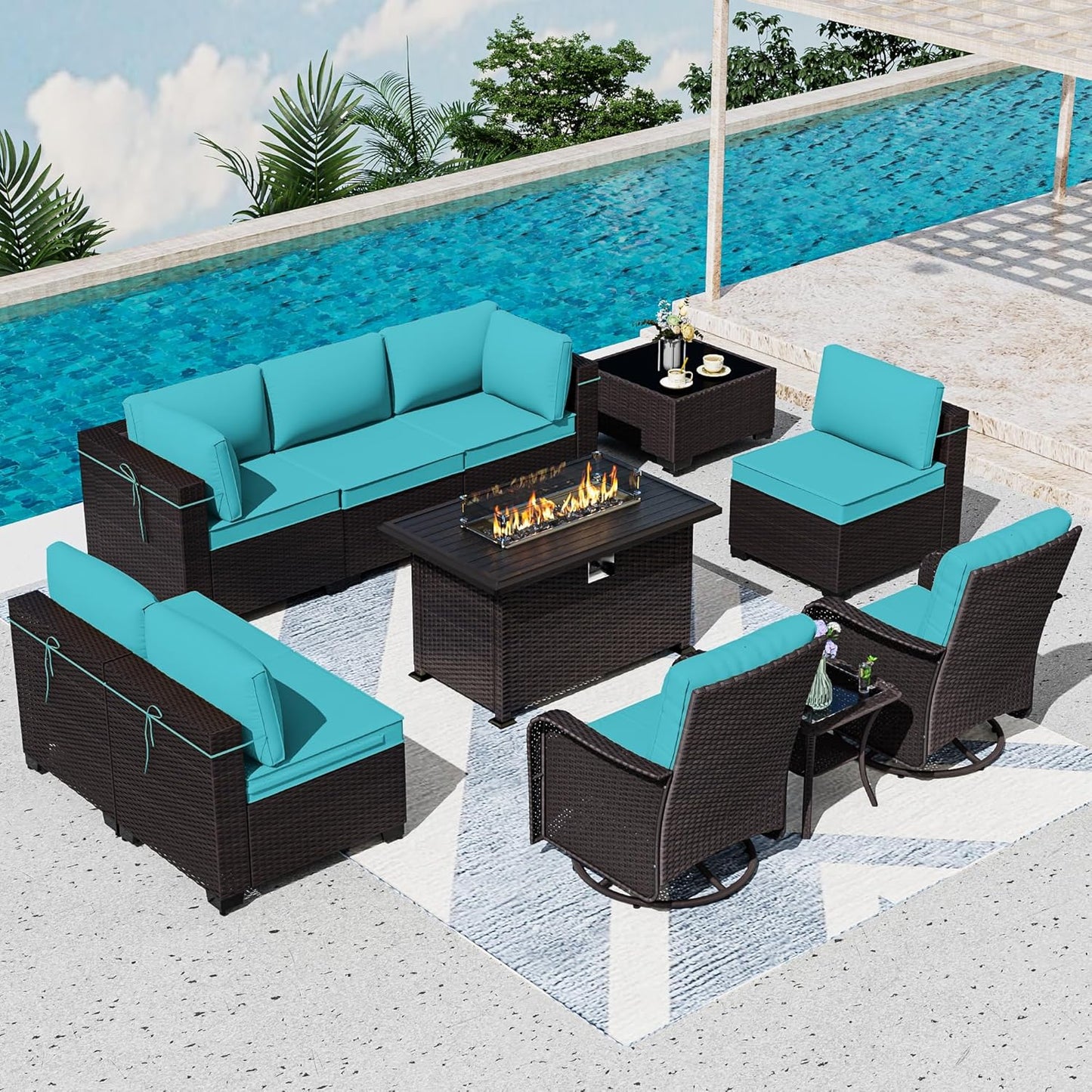 11 Pieces Patio Furniture Set with Swivel Chairs and Fire Pit