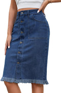 Women's Mid Rise Button Down Denim Midi Skirt - Frayed Hem