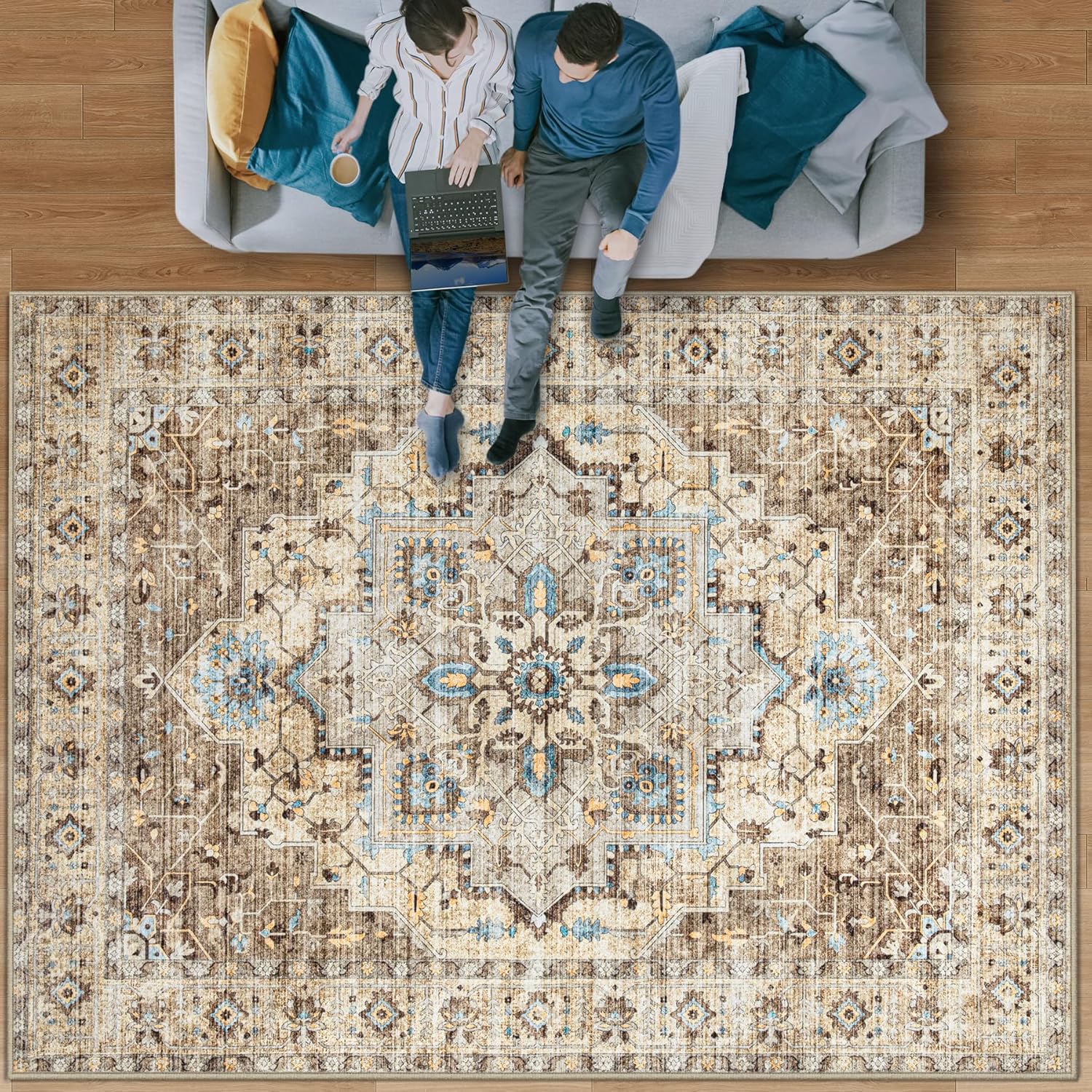 Vintage Area Rug 8x10: Large Washable Medallion Carpet for Home
