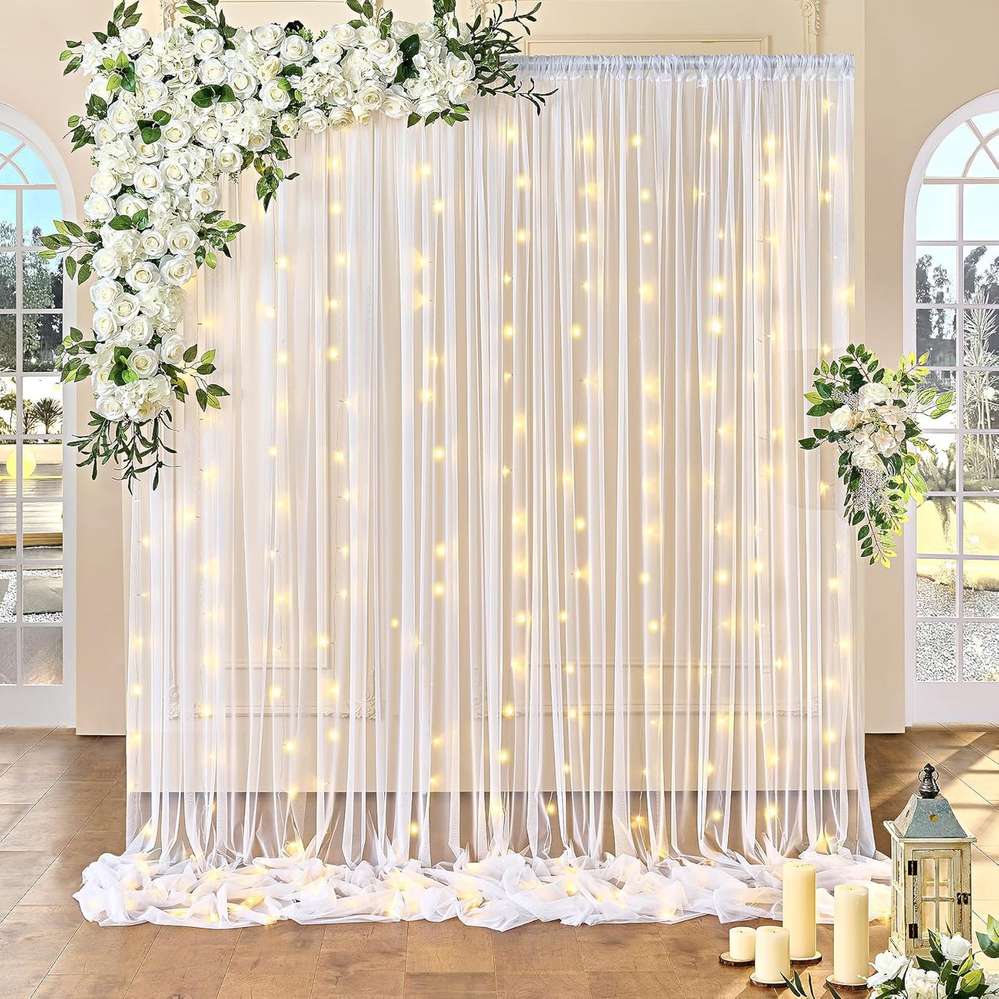 Besutolife White Sheer Curtains with Lights - Elegant Party Decor