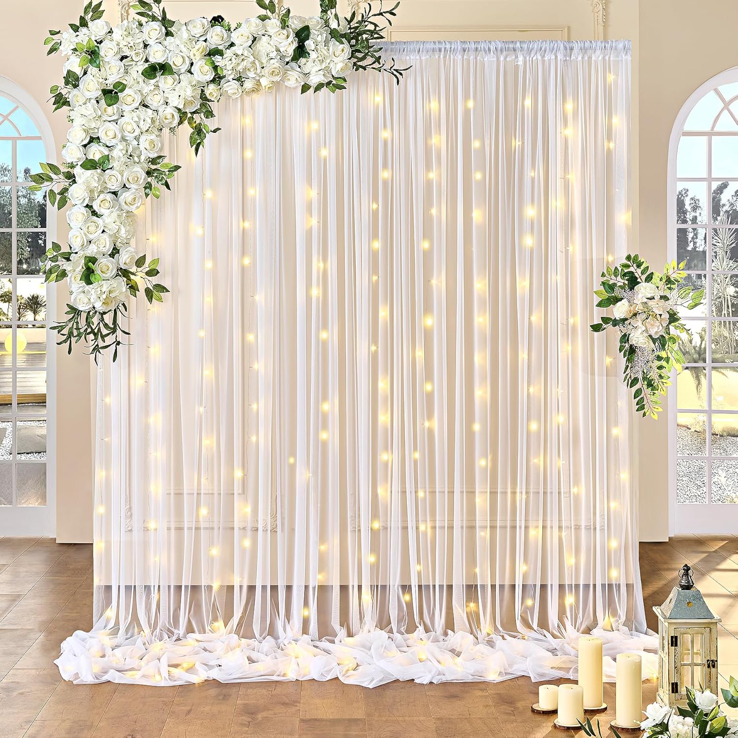 Besutolife White Sheer Curtains with Lights - Elegant Party Decor