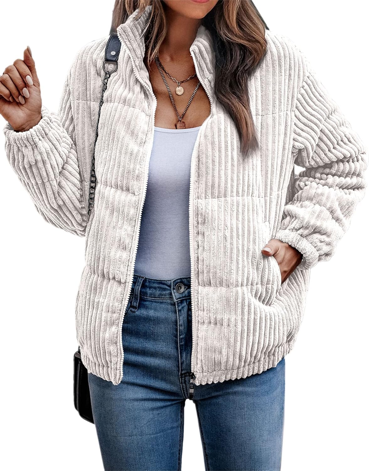Angashion Women's Quilted Bomber Jacket for Fall and Winter