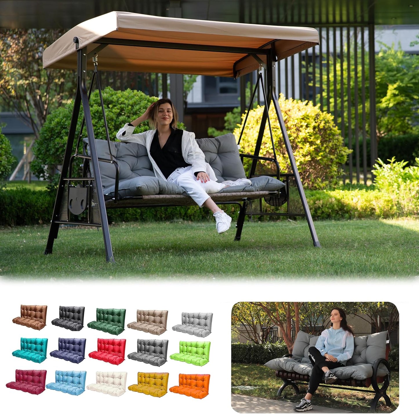 Outdoor 3 Seats Swing Cushion Replacement Pad with Backrest