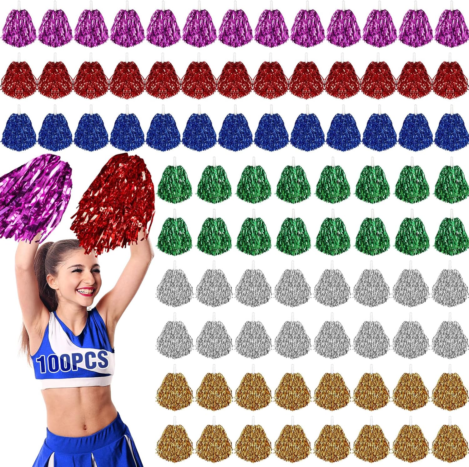100 Pcs Metallic Cheerleading Pom Poms for Team Spirit Fun