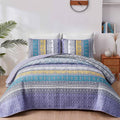 Boho Quilt Set King Size Purple Striped Coverlet - Lightweight Comfort