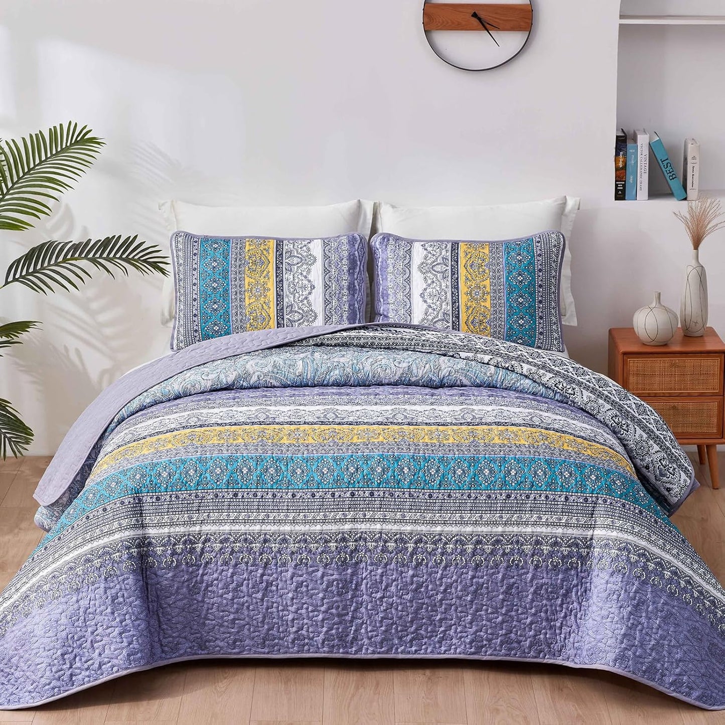 Boho Quilt Set King Size Purple, 3 Pieces Striped Bedspread