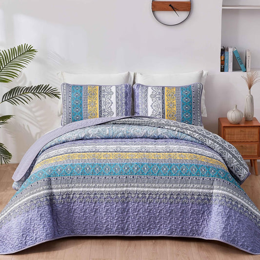 Boho Quilt Set King Size Purple, 3 Pieces Striped Bedspread