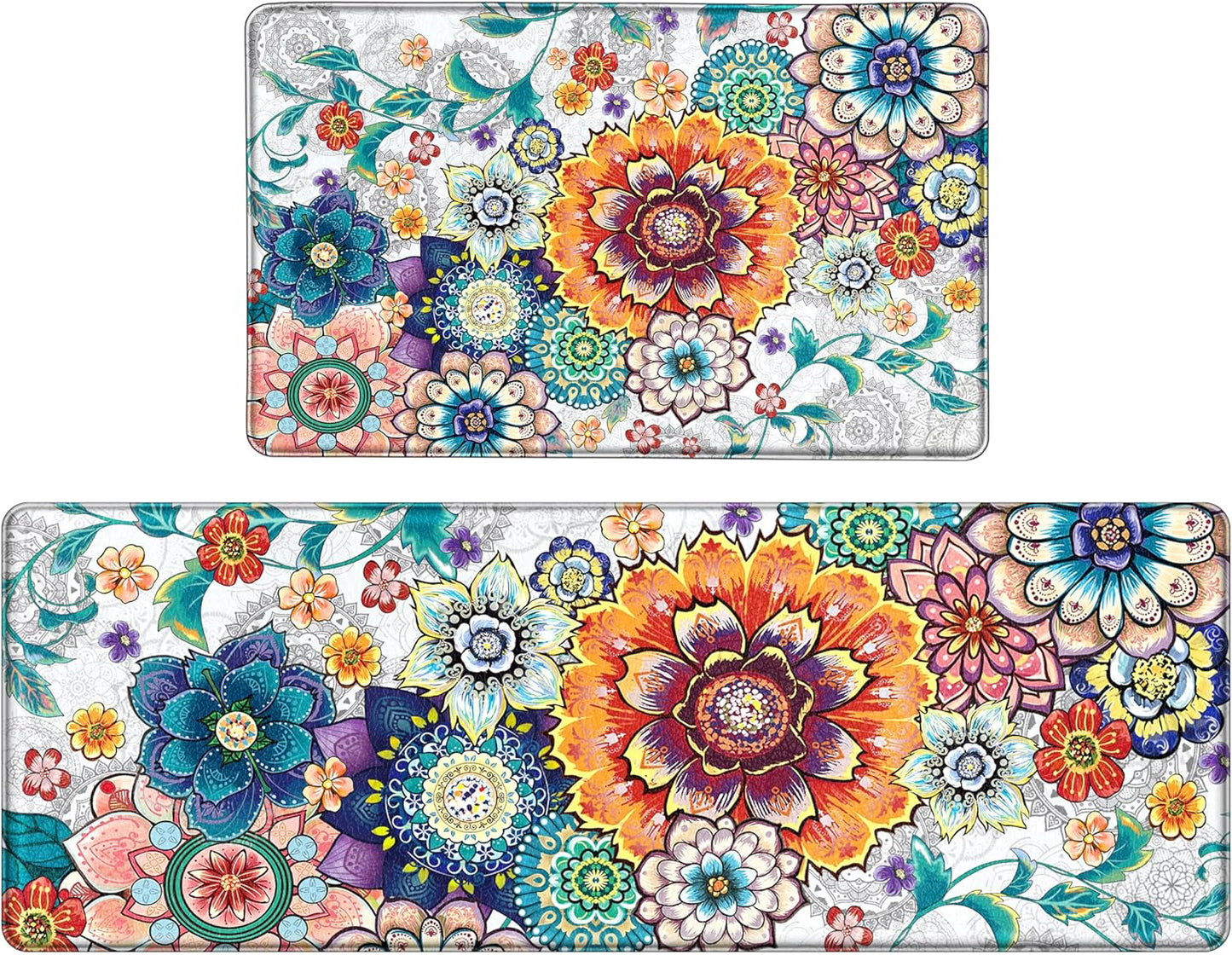 Floral Kitchen Rugs Mats for Floor - Anti Fatigue Comfort Set
