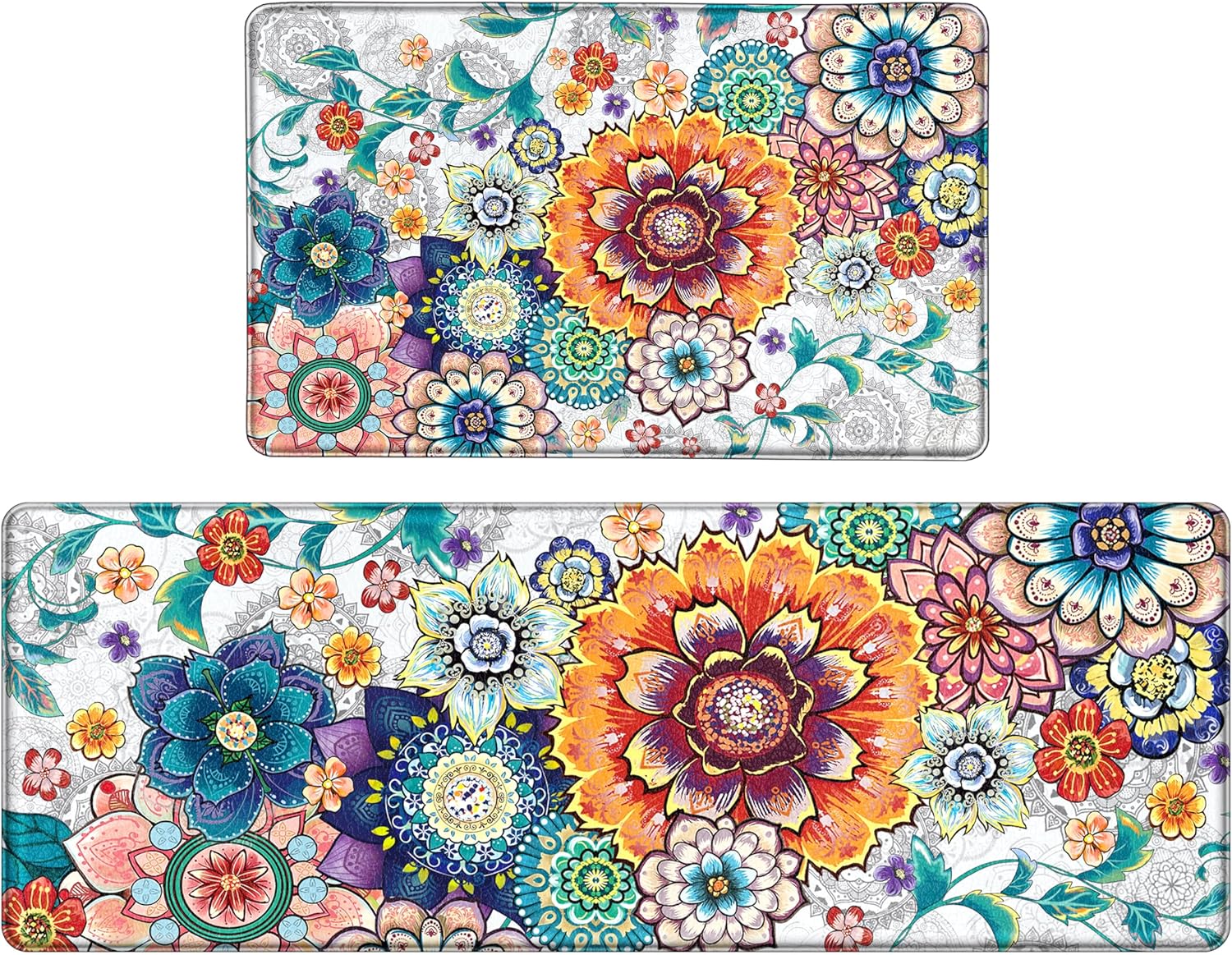 Floral Kitchen Rugs Mats for Floor - Anti Fatigue Comfort Set