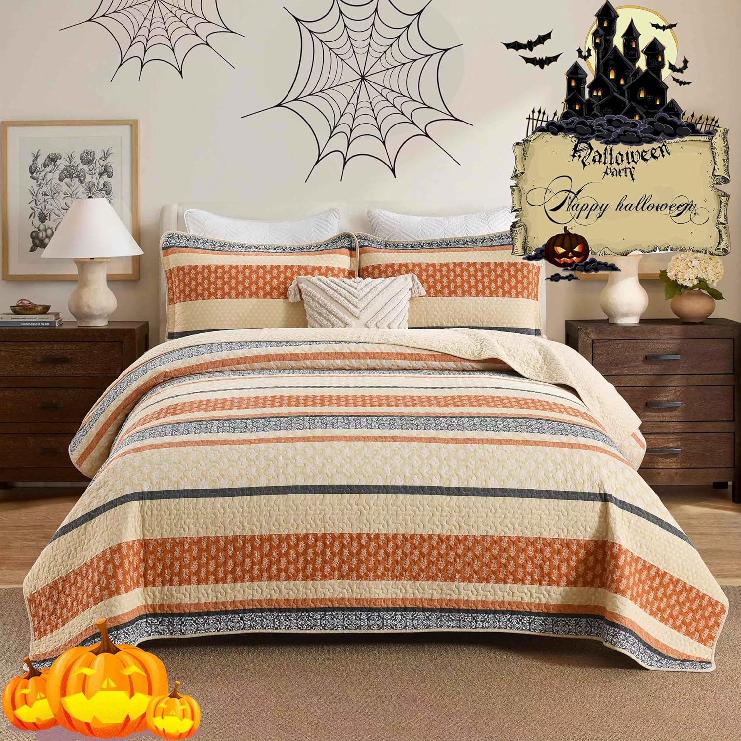 Homzard King Size Quilt Set - Cotton Orange Gray Striped Bedding