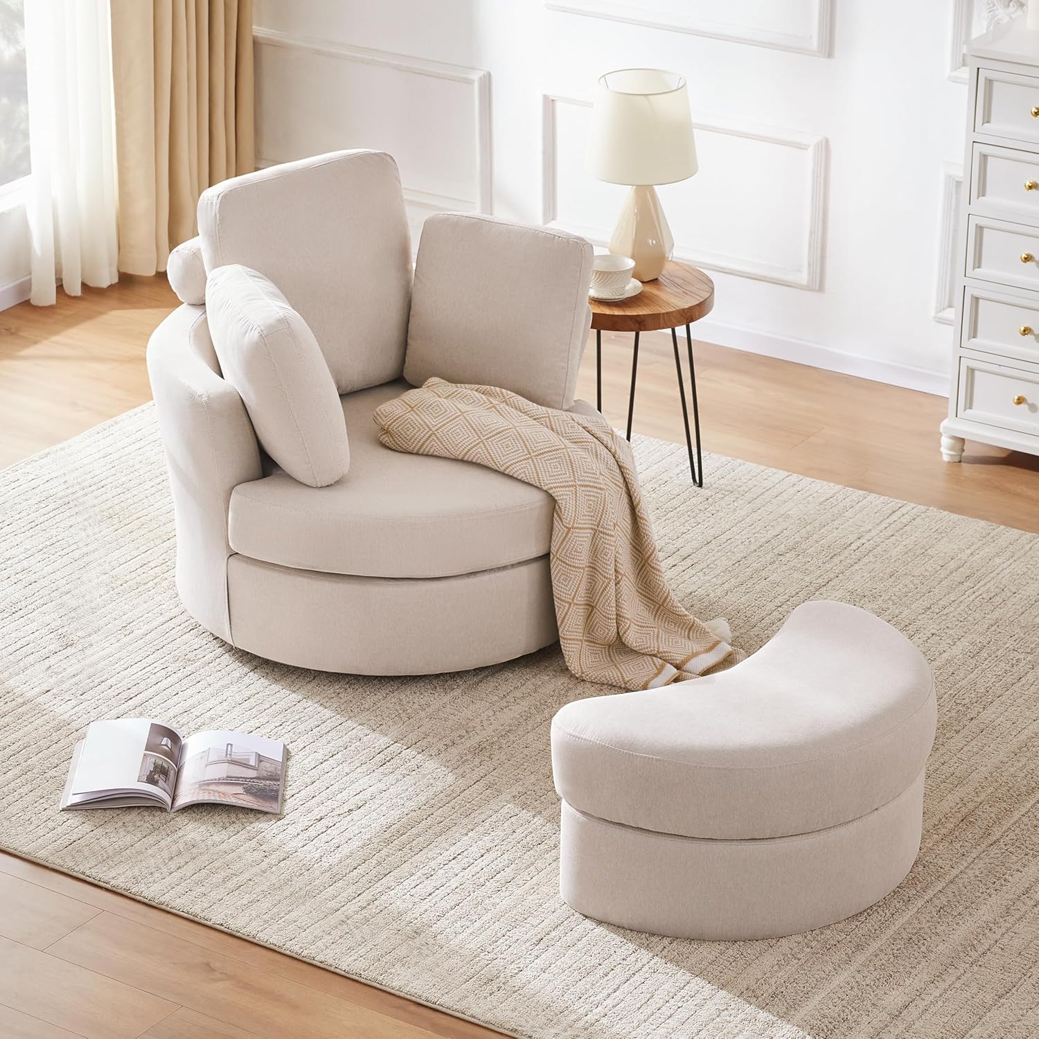 Swivel Barrel Chair: Neck Support, Chaise Lounge, Ottoman - Beige